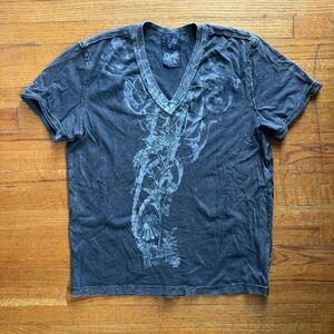 DIVISION E Mens Charcoal Gray Graphic V Neck T Shirt Size L